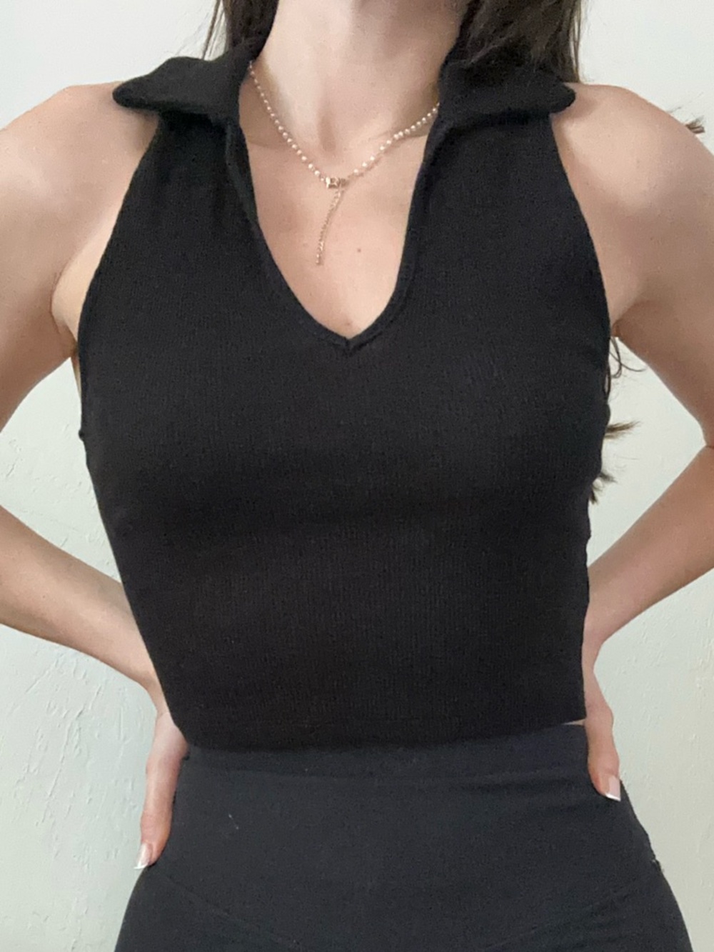 Ambiance Black Ribbed V-Neck Collared Tank
